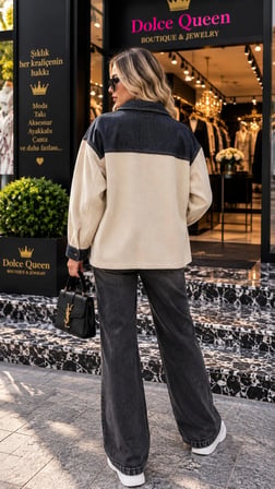 Kadın Krem Denim Detaylı Kadife Gömlek Ceket