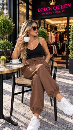 Kadın Kahverengi Beli Lastikli Bağcıklı Jogger Pantolon
