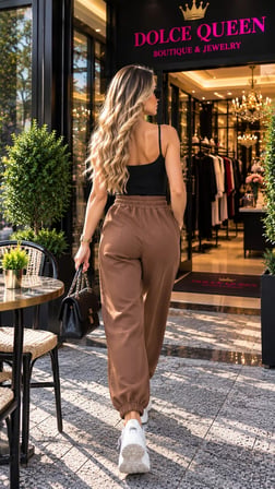 Kadın Kahverengi Beli Lastikli Bağcıklı Jogger Pantolon