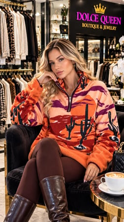 Çöl Desenli Yarım Fermuarlı Oversize Peluş Sweatshirt