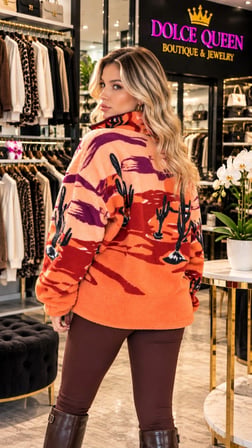 Çöl Desenli Yarım Fermuarlı Oversize Peluş Sweatshirt