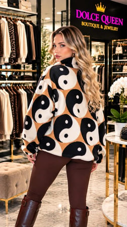 Taba Siyah Yarım Fermuarlı Oversize Peluş Sweatshirt