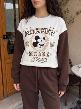 Kadın Kolej Karakter Baskılı Bisiklet Yaka Sweatshirt 2 İplik Şardonsuz Yeni Sezon