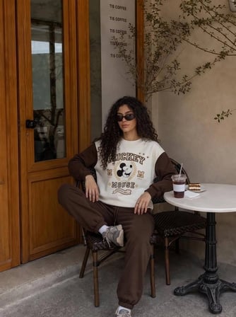 Kadın Kolej Karakter Baskılı Bisiklet Yaka Sweatshirt 2 İplik Şardonsuz Yeni Sezon