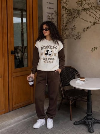 Kadın Kolej Karakter Baskılı Bisiklet Yaka Sweatshirt 2 İplik Şardonsuz Yeni Sezon