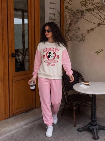Kadın Kolej Karakter Baskılı Bisiklet Yaka Sweatshirt 2 İplik Şardonsuz Yeni Sezon