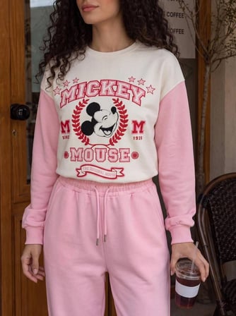 Kadın Kolej Karakter Baskılı Bisiklet Yaka Sweatshirt 2 İplik Şardonsuz Yeni Sezon