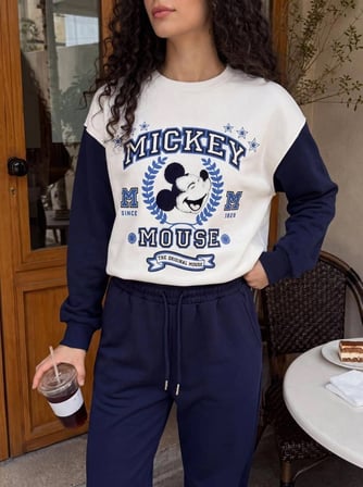 Kadın Kolej Karakter Baskılı Bisiklet Yaka Sweatshirt 2 İplik Şardonsuz Yeni Sezon