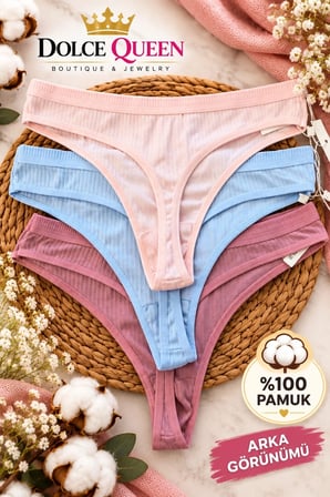 Kadın %100 Pamuk Ribanalı String Külot 3’lü Paket Pastel Renkli