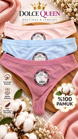 Kadın %100 Pamuk Ribanalı String Külot 3’lü Paket Pastel Renkli