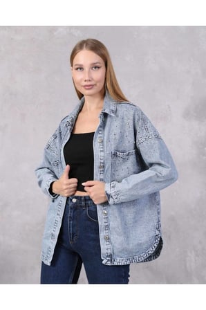 Kadın Taş Detaylı Oversize Denim Gömlek Ceket – Şık & Trend Stil ✨