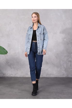 Kadın Taş Detaylı Oversize Denim Gömlek Ceket – Şık & Trend Stil ✨