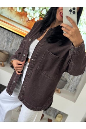 Kadın Kahve Oversize Denim Gömlek Ceket – Modern & Rahat Şıklık ✨