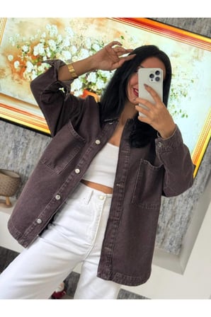 Kadın Kahve Oversize Denim Gömlek Ceket – Modern & Rahat Şıklık ✨