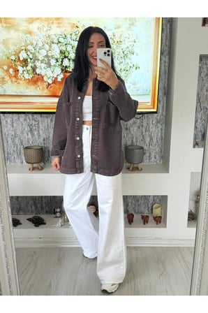Kadın Kahve Oversize Denim Gömlek Ceket – Modern & Rahat Şıklık ✨