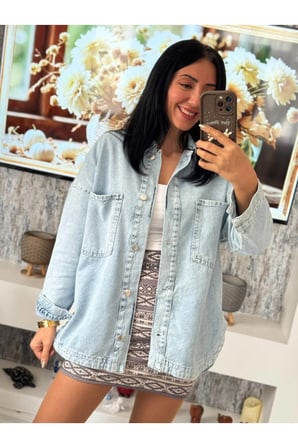 Kadın Oversize Baskılı Jean Ceket – Denim Gömlek Ceket Modeli