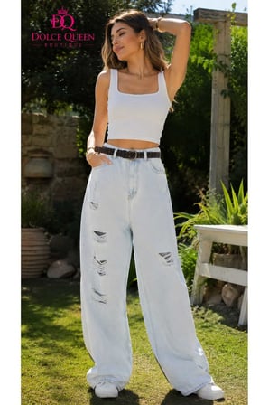 Kadın Buz Mavisi Lazer Detaylı Wide Leg Jean Pantolon