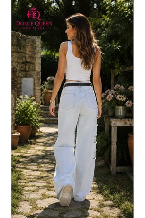 Kadın Buz Mavisi Lazer Detaylı Wide Leg Jean Pantolon