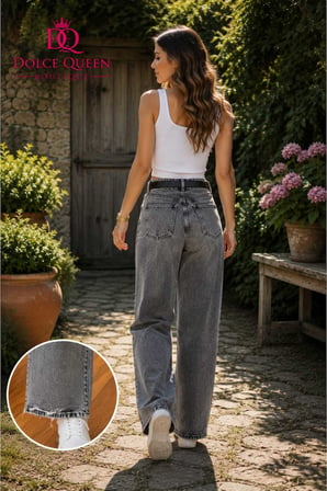 Kadın Gri Lazer Desenli Yüksek Bel Wide Leg Jean Pantolon
