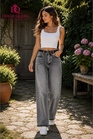 Kadın Gri Lazer Desenli Yüksek Bel Wide Leg Jean Pantolon