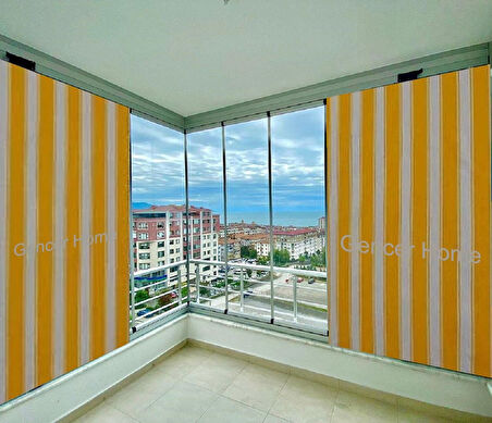 GENCER Home Balkon Perdesi Bağcıklı Ölçü Seçenekli Sarı Kalın Çizgili