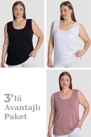 Delux Serisi Konfor Rahat Uçlu Kadın Pamuklu Büyük Beden Kalın Askılı Atlet 3'lü Paket