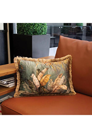 Tropikal Yapraklar Yastık/Kırlent (Dolgu Boncuk Elyaf, Ulusl. Yıkama Ve Solmama Sertifikası)