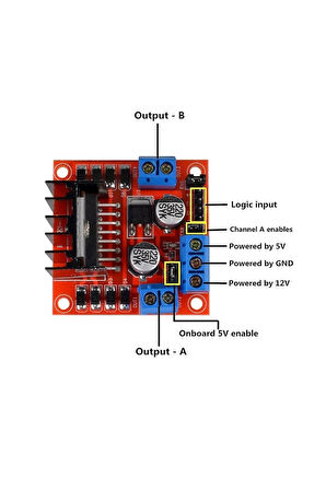 L298N Voltaj Regulatörlü Çift Motor Sürücü Kartı (Kırmızı PCB)