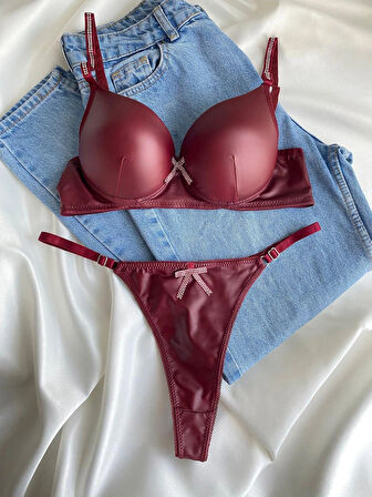 Kadın Bordo Deri Taşlı Fiyonklu Balenli Destekli Dolgulu Push Up Sütyen Takımı Iç Çamaşırı Takımı