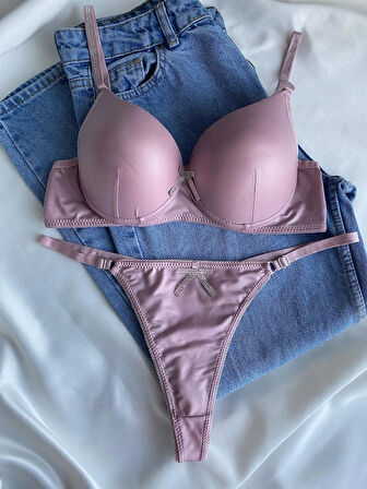 Kadın Pembe Deri Taşlı Fiyonklu Balenli Destekli Dolgulu Push Up Sütyen Takımı Iç Çamaşırı Takımı