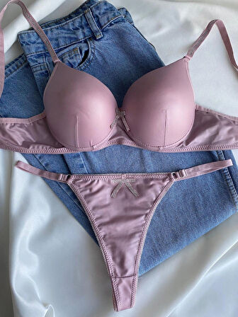 Kadın Pembe Deri Taşlı Fiyonklu Balenli Destekli Dolgulu Push Up Sütyen Takımı Iç Çamaşırı Takımı
