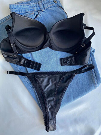 Kadın Siyah Deri Taşlı Fiyonklu Balenli Destekli Dolgulu Push Up Sütyen Takımı Iç Çamaşırı Takımı