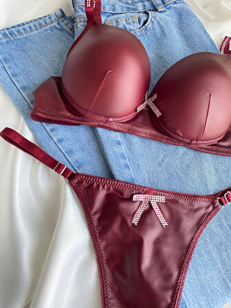 Kadın Bordo Deri Taşlı Fiyonklu Balenli Destekli Dolgulu Push Up Sütyen Takımı Iç Çamaşırı Takımı