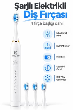 Şarjlı Elektrikli Diş Fırçası Dupont Yumuşak Kıllı 6 Mod 4 Yedek Başlıklı IPX7 Su Geçirmez