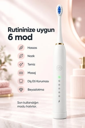 Şarjlı Elektrikli Diş Fırçası Dupont Yumuşak Kıllı 6 Mod 4 Yedek Başlıklı IPX7 Su Geçirmez
