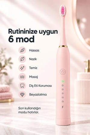 Şarjlı Elektrikli Diş Fırçası Dupont Yumuşak Kıllı 6 Mod 4 Yedek Başlıklı IPX7 Su Geçirmez