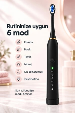 Şarjlı Elektrikli Diş Fırçası Dupont Yumuşak Kıllı 6 Mod 4 Yedek Başlıklı IPX7 Su Geçirmez