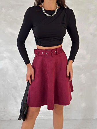 Kadın Bordo Renk Midi Boy Kemerli Süet Kloş Etek