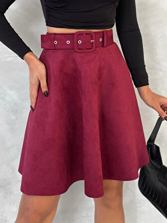 Kadın Bordo Renk Midi Boy Kemerli Süet Kloş Etek
