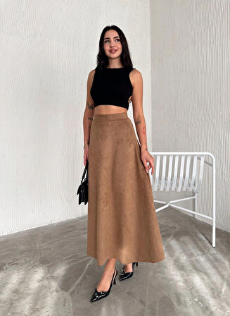 Kadın Süet Açık Kahverengi Kloş Uzun  Etek M
