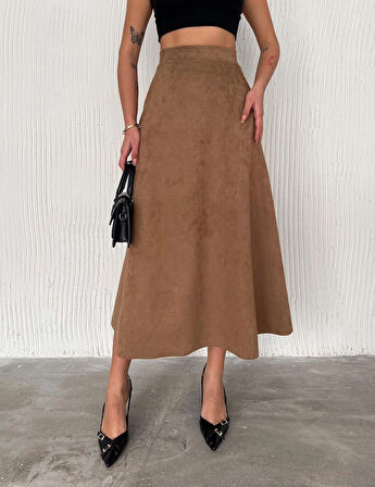 Kadın Süet Açık Kahverengi Kloş Uzun  Etek L