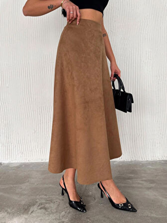 Kadın Süet Açık Kahverengi Kloş Uzun  Etek XL