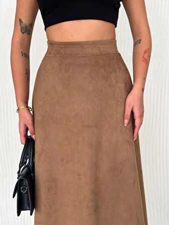 Kadın Süet Açık Kahverengi Kloş Uzun  Etek XL