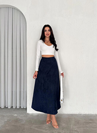 Kadın Süet Lacivert Kloş Uzun  Etek M