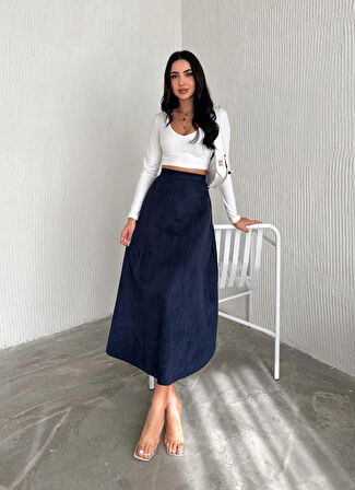 Kadın Süet Lacivert Kloş Uzun  Etek L