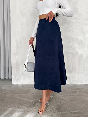 Kadın Süet Lacivert Kloş Uzun  Etek L