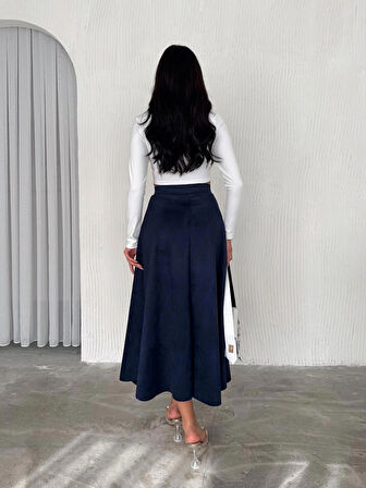 Kadın Süet Lacivert Kloş Uzun  Etek L