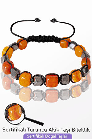 Sertifkalı Küp Model Terahertz - Turuncu Akik Taşı Bileklik - Ayarlamalı