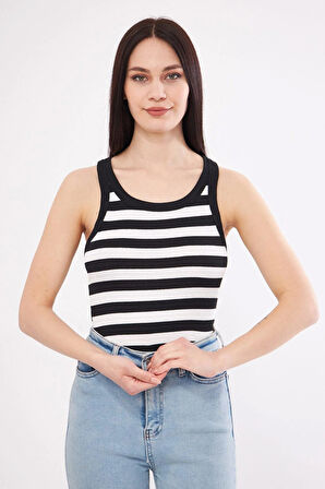 Siyah-Beyaz Kadın Fitilli Kaşkorse Halter yaka Atlet