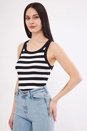 Siyah-Beyaz Kadın Fitilli Kaşkorse Halter yaka Atlet